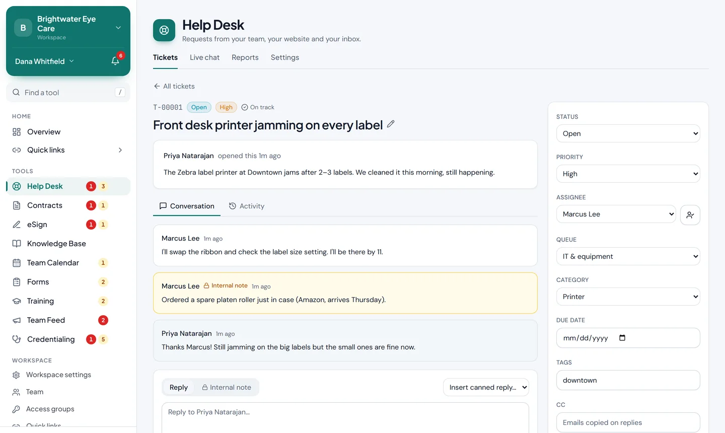A help desk ticket in Tachi, with the conversation and its status, priority and assignee